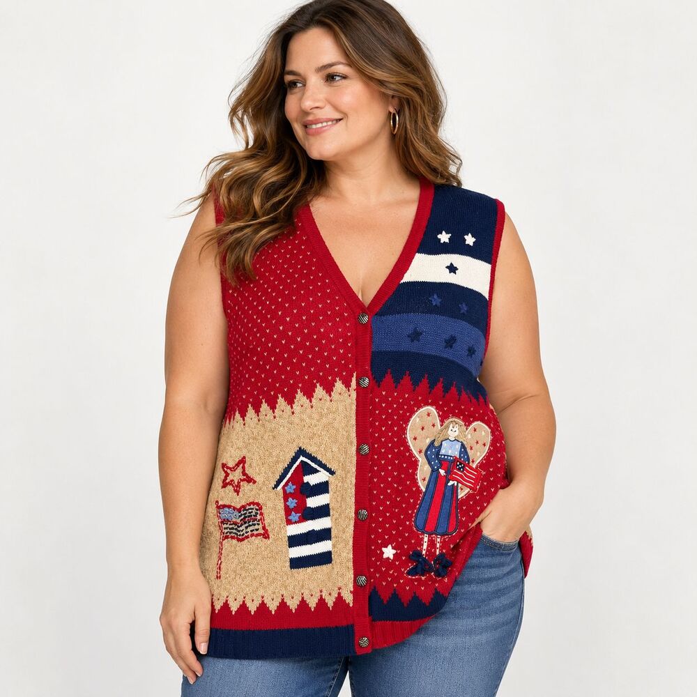Quacker Factory 2X Vintage Patriotic Angel Sweater Vest Americana Flag Ramie